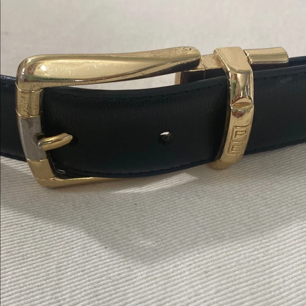 2-in-1 Perry Ellis Black/Brown Leather Belt with Reversible Gold Buckle